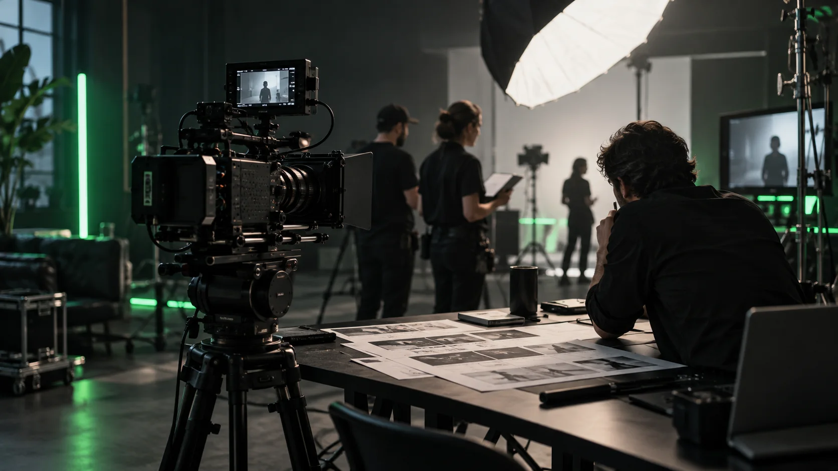Kurumsal tanıtım filmi için kamera, ışık ve storyboard ile çalışan prodüksiyon ekibi