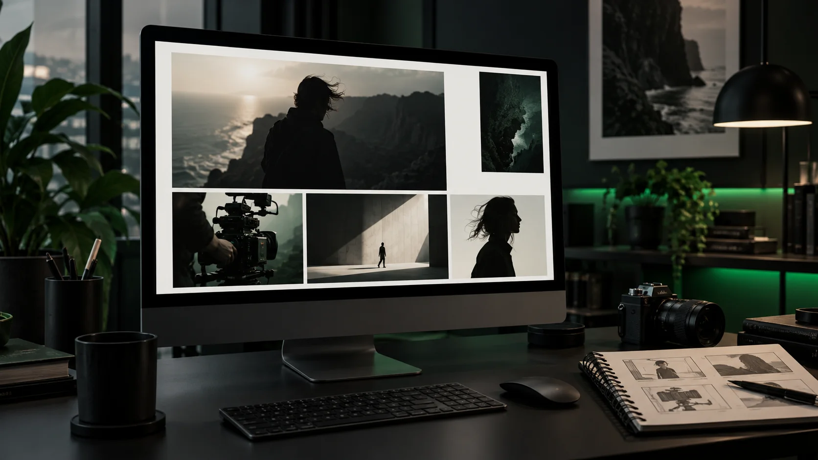 Fotoğraf ve video ağırlıklı modern kurumsal web sitesi tasarlanan yaratıcı çalışma masası
